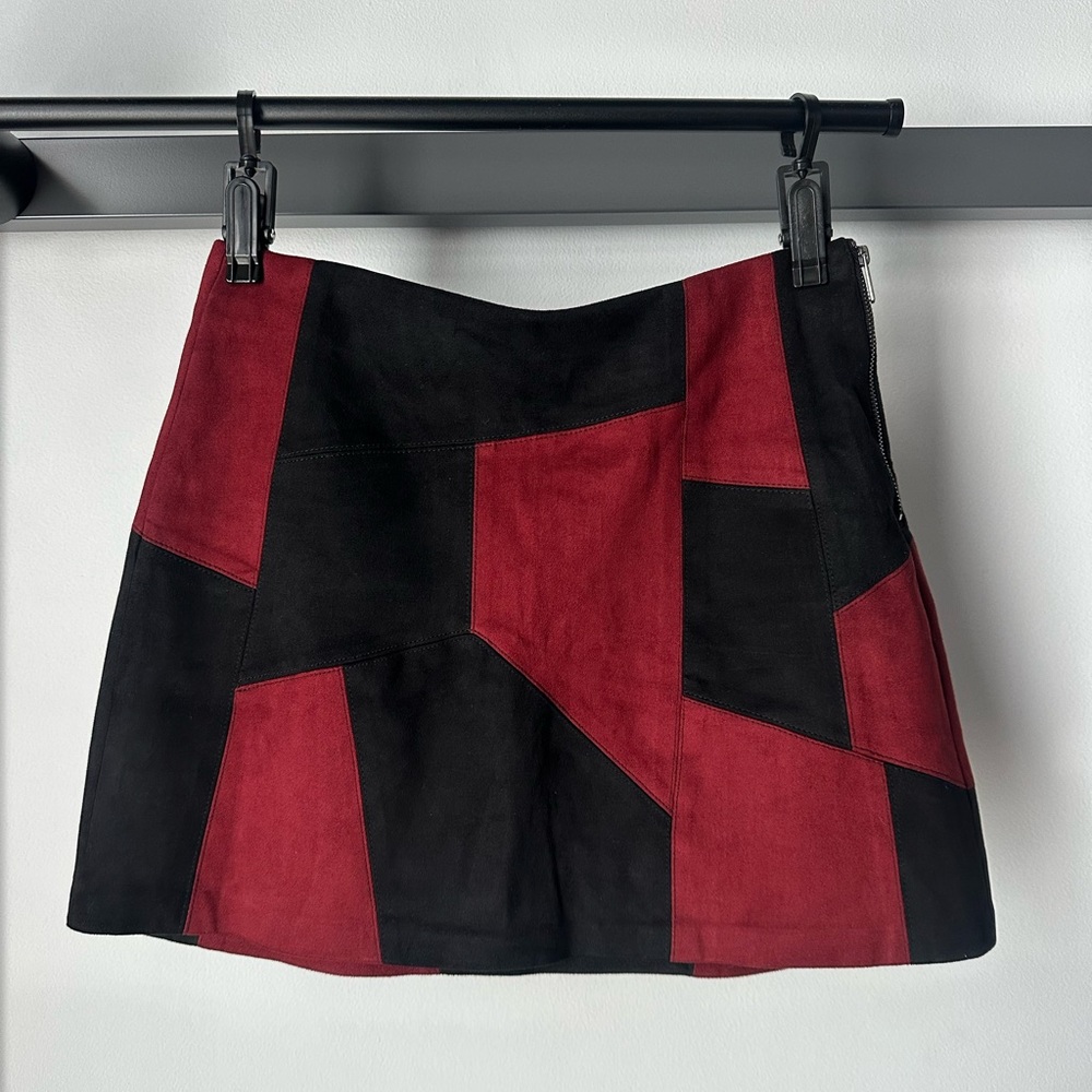 Zara Suede Patchwork Mini Skirt - Black & Burgundy